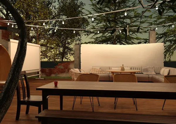 3D rendering of an outdoor patio lounge at night