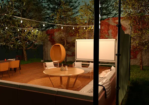 3D rendering of an outdoor patio lounge at night