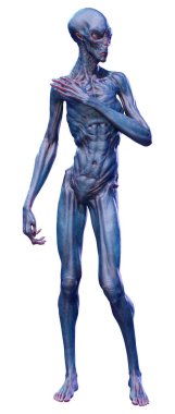 Beyaz arka planda izole edilmiş mavi erkek bir uzaylının 3 boyutlu görüntüsü