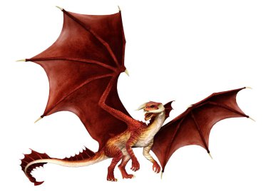 Beyaz arka planda izole edilmiş bir fantezi ejderhanın 3 boyutlu canlandırması