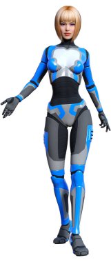 Beyaz arka planda izole edilmiş bir kadın robotun 3 boyutlu canlandırması