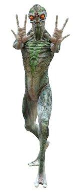 Beyaz arka planda izole edilmiş yeşil bir uzaylının 3 boyutlu görüntüsü