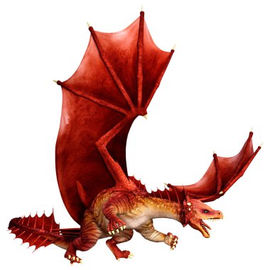 Beyaz arka planda izole edilmiş bir fantezi ejderhanın 3 boyutlu canlandırması