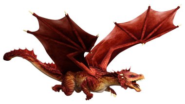 Beyaz arka planda izole edilmiş bir fantezi ejderhanın 3 boyutlu canlandırması