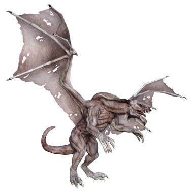 Beyaz arka planda izole edilmiş bir fantezi ejderhanın 3 boyutlu canlandırması