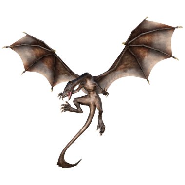 Beyaz arka planda izole edilmiş bir fantezi ejderhanın 3 boyutlu canlandırması