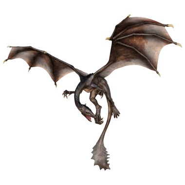 Beyaz arka planda izole edilmiş bir fantezi ejderhanın 3 boyutlu canlandırması