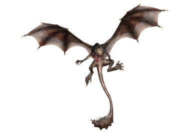 Beyaz arka planda izole edilmiş bir fantezi ejderhanın 3 boyutlu canlandırması