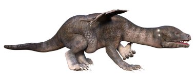 Beyaz arka planda izole edilmiş bir fantezi ejderhanın 3 boyutlu canlandırması