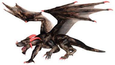 Beyaz arka planda izole edilmiş bir fantezi ejderhanın 3 boyutlu canlandırması