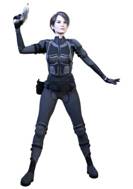 Beyaz arka planda izole edilmiş bir bilim kurgu savaşçısı kadının 3 boyutlu görüntüsü