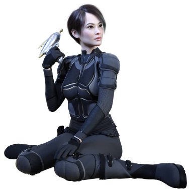 Beyaz arka planda izole edilmiş bir bilim kurgu savaşçısı kadının 3 boyutlu görüntüsü