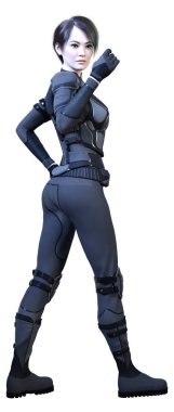 Beyaz arka planda izole edilmiş bir bilim kurgu savaşçısı kadının 3 boyutlu görüntüsü