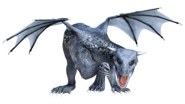 Beyaz arka planda izole edilmiş bir fantezi ejderhanın 3 boyutlu canlandırması