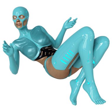 Beyaz arka planda izole edilmiş bir kadın robotun 3 boyutlu canlandırması