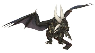 Beyaz arka planda izole edilmiş bir fantezi ejderhanın 3 boyutlu canlandırması