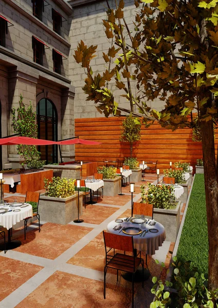 3D rendering of a restaurant terrace exterior