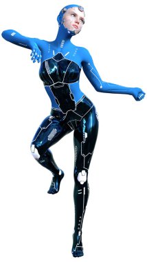 Beyaz arka planda izole edilmiş bir kadın robotun 3 boyutlu canlandırması