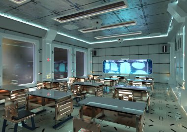 3D rendering of a futuristic high school classroom interior