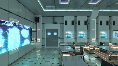 3D rendering of a futuristic high school classroom interior