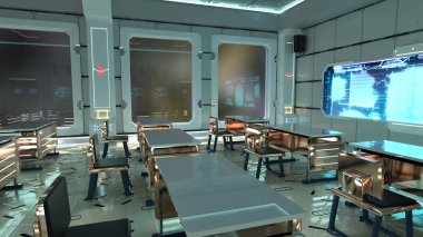 3D rendering of a futuristic high school classroom interior