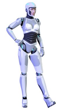 Beyaz arka planda izole edilmiş bir kadın robotun 3 boyutlu canlandırması