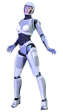 Beyaz arka planda izole edilmiş bir kadın robotun 3 boyutlu canlandırması