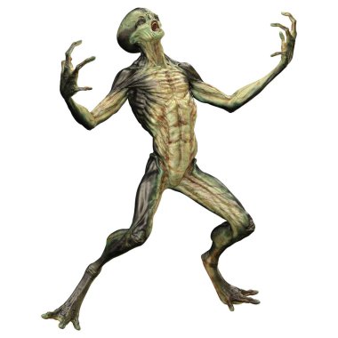 Beyaz arka planda izole edilmiş yeşil bir uzaylının 3 boyutlu görüntüsü