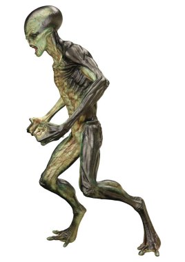 Beyaz arka planda izole edilmiş yeşil bir uzaylının 3 boyutlu görüntüsü