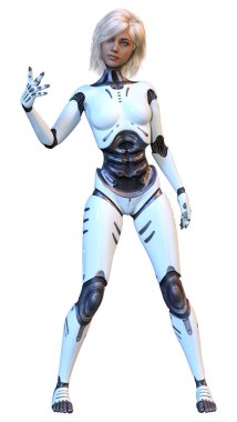 Beyaz arka planda izole edilmiş bir kadın robotun 3 boyutlu canlandırması