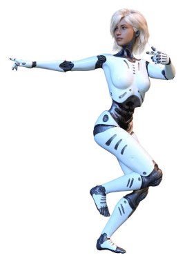 Beyaz arka planda izole edilmiş bir kadın robotun 3 boyutlu canlandırması