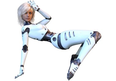 Beyaz arka planda izole edilmiş bir kadın robotun 3 boyutlu canlandırması