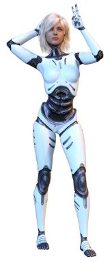 Beyaz arka planda izole edilmiş bir kadın robotun 3 boyutlu canlandırması