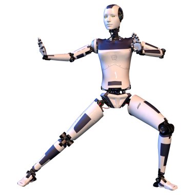 Beyaz arka planda izole edilmiş bir kadın robotun 3 boyutlu canlandırması