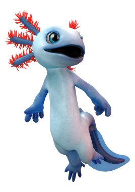 Beyaz arkaplanda izole edilmiş şirin bir mavi çizgi axolotl 'un 3B canlandırması