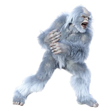Yeti 'nin beyaz arka planda izole ettiği 3 boyutlu bir fantezi yaratığı.