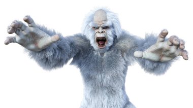 Yeti 'nin beyaz arka planda izole ettiği 3 boyutlu bir fantezi yaratığı.