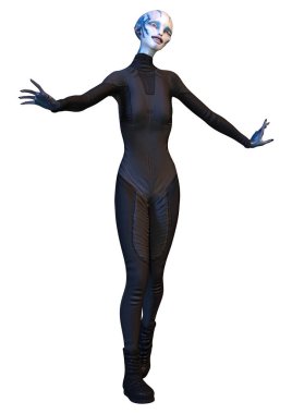 Beyaz arka planda izole edilmiş mavi dişi bir uzaylının 3 boyutlu görüntüsü