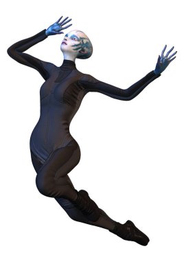 Beyaz arka planda izole edilmiş mavi dişi bir uzaylının 3 boyutlu görüntüsü