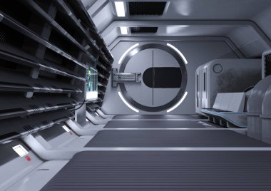 Fütürist bir bilim kurgu koridorunun 3 boyutlu canlandırması