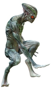 Beyaz arka planda izole edilmiş yeşil bir uzaylının 3 boyutlu görüntüsü