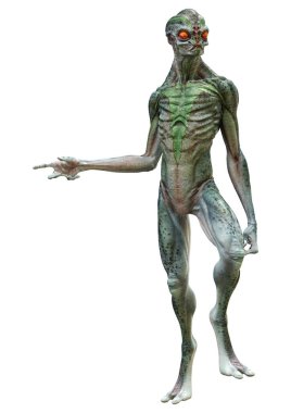 Beyaz arka planda izole edilmiş yeşil bir uzaylının 3 boyutlu görüntüsü