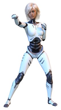 Beyaz arka planda izole edilmiş bir kadın robotun 3 boyutlu canlandırması