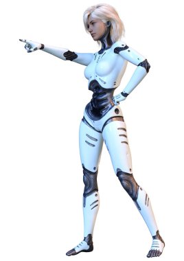 Beyaz arka planda izole edilmiş bir kadın robotun 3 boyutlu canlandırması