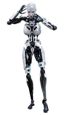 Beyaz arka planda izole edilmiş bir kadın robotun 3 boyutlu canlandırması