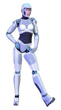 Beyaz arka planda izole edilmiş bir kadın robotun 3 boyutlu canlandırması