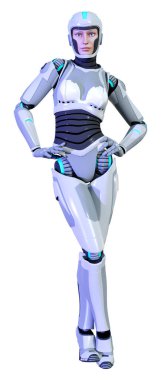 Beyaz arka planda izole edilmiş bir kadın robotun 3 boyutlu canlandırması