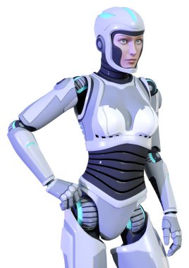 Beyaz arka planda izole edilmiş bir kadın robotun 3 boyutlu canlandırması