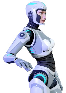 Beyaz arka planda izole edilmiş bir kadın robotun 3 boyutlu canlandırması