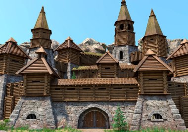 Dışarıdaki bir ortaçağ kalesinin 3D görüntüsü